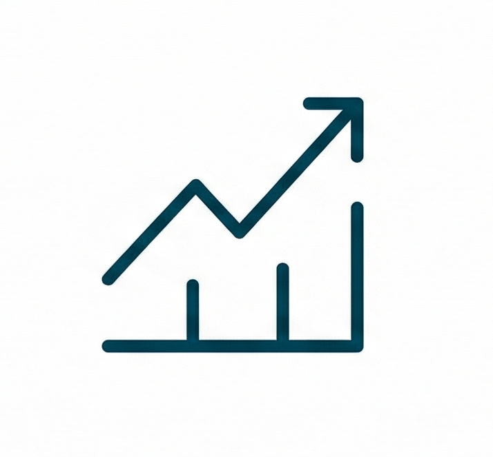 Line graph with an upward trending arrow and vertical bars indicating growth.