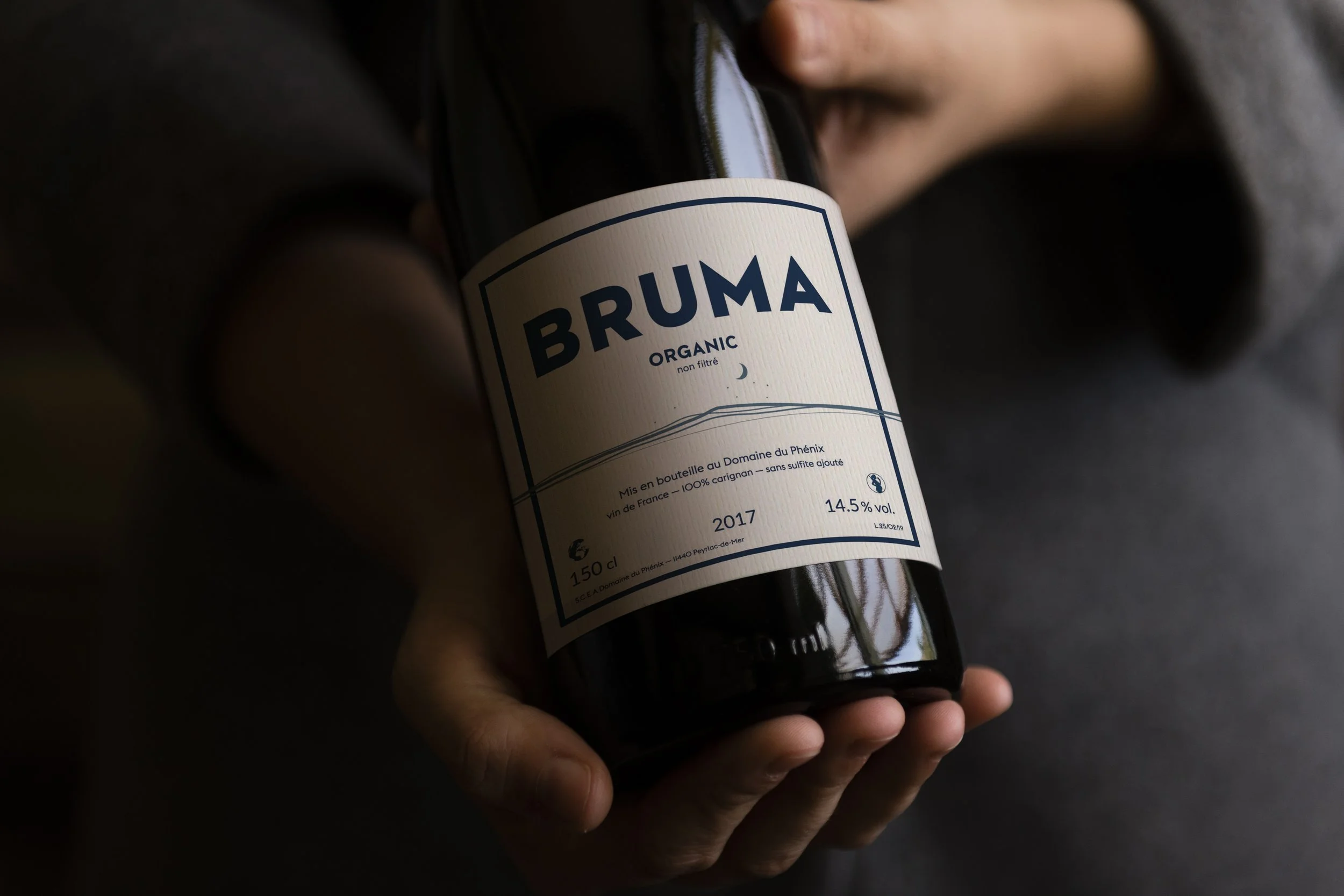 Bouteille de vin bruma, cadrée de près, tenue dans une main. Étiquette blanche avec texte bleu, indiquant année 2017, 14.5% vol, organic, non filtré, sans sulfite ajouté.