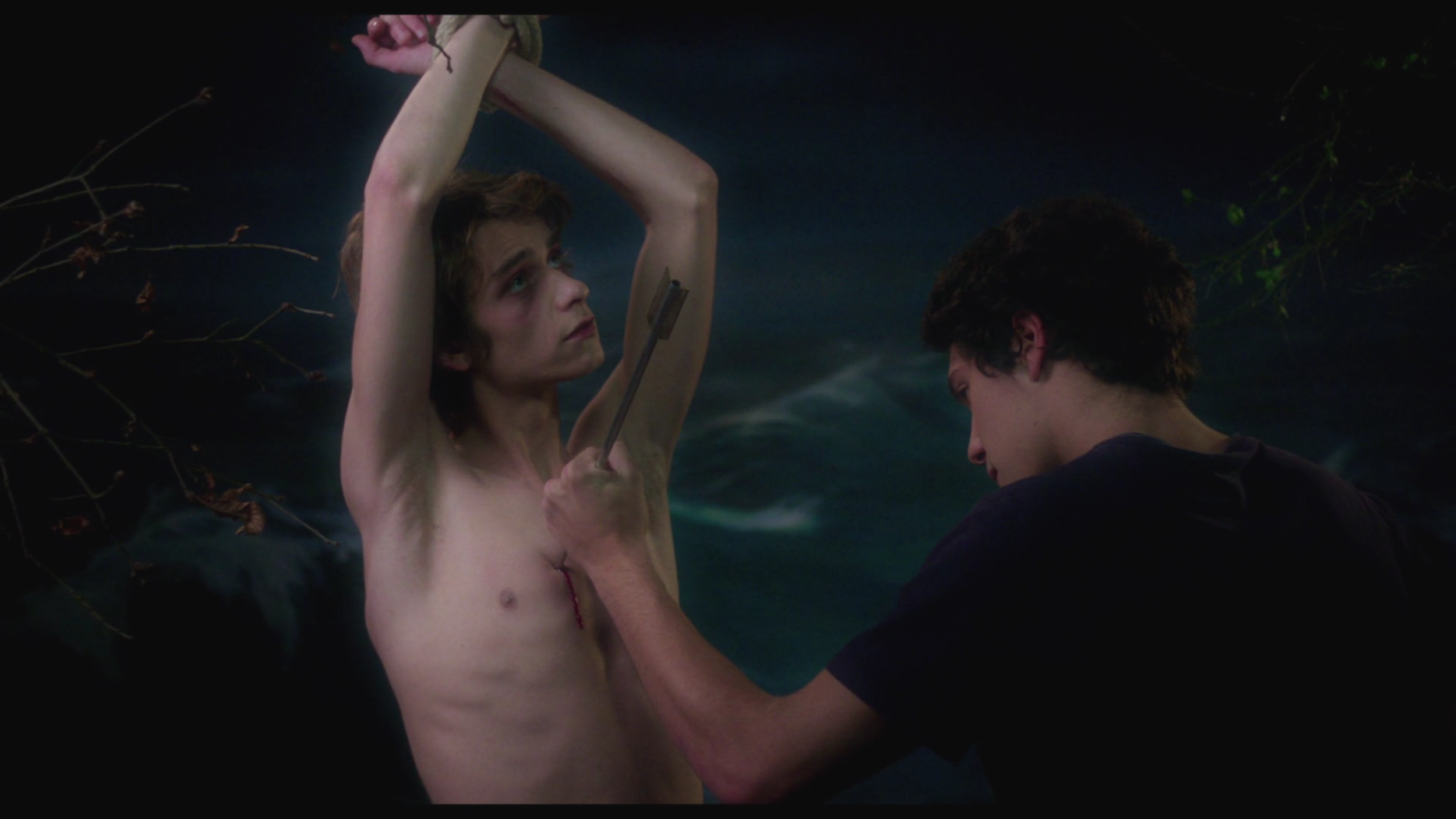 Deux jeunes hommes, l'un nu, l'autre vêtu de noir, dans un décor de nuit avec des branches d'arbres, l'un tenant une arme contre l'autre.