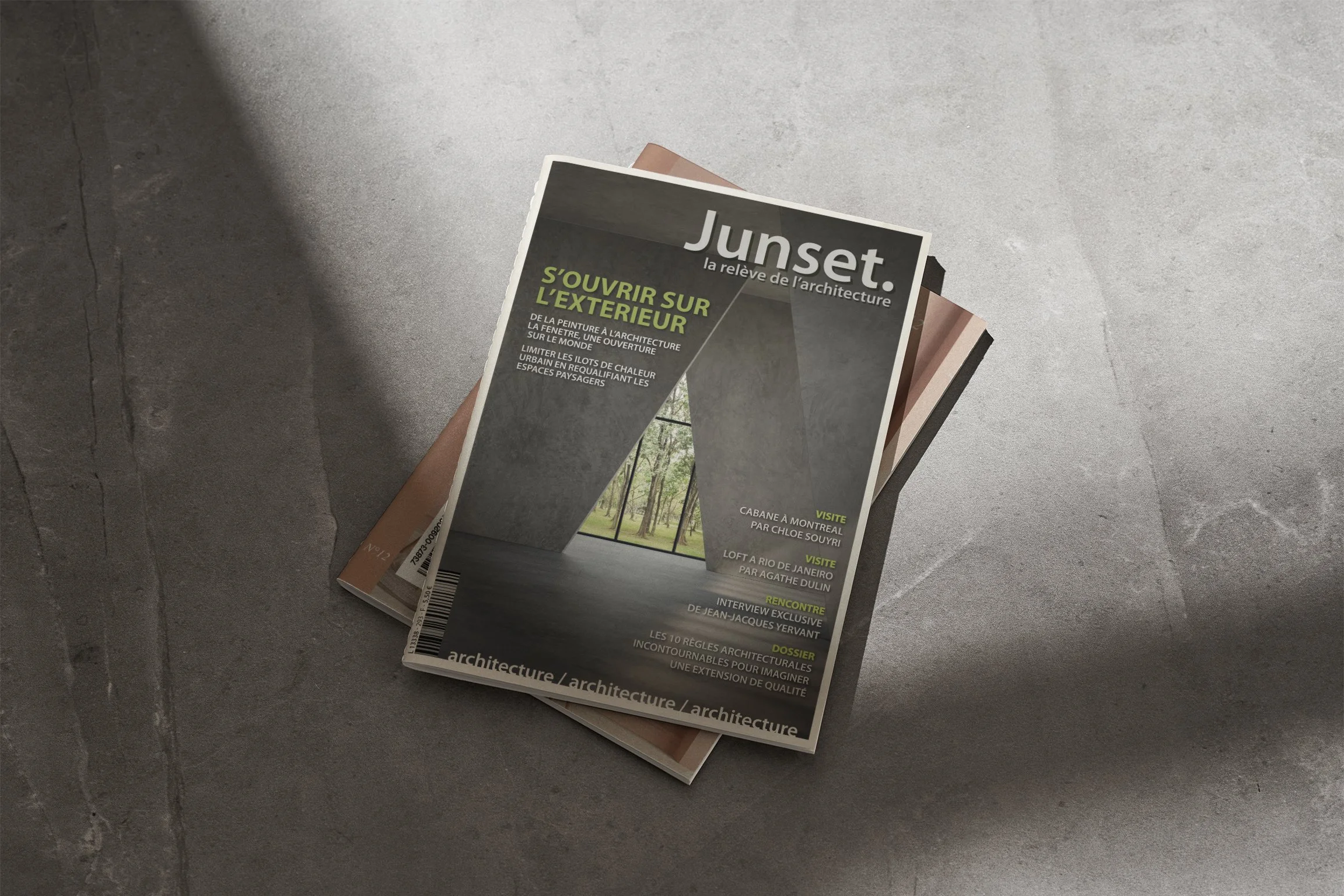 Revue d'architecture intitulée 'Junset' avec une photo de l'intérieur d'un bâtiment moderne avec grande baie vitrée vers un espace vert. Concerne l'ouverture sur l'extérieur, la chaleur urbaine, des visites et un entretien avec Jean-Jacques Yervant.