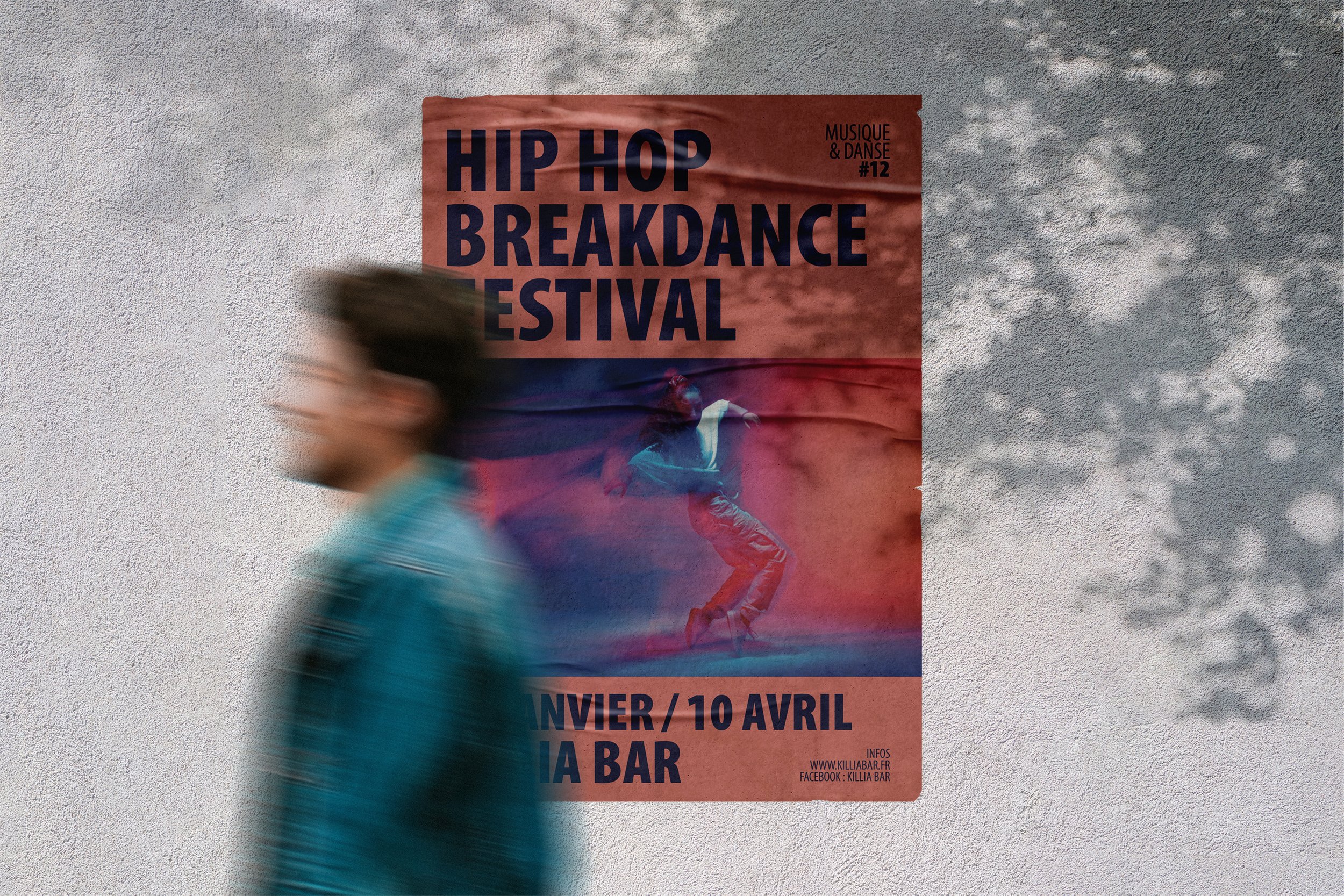 Affiche de festival de breakdance hip hop, musique et danse, du 10 janvier au 10 avril, à la bar.