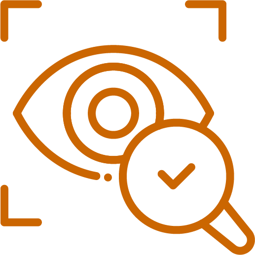 Icon of a magnifying glass with a check mark over an eye symbol.