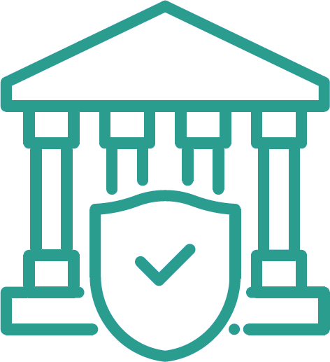 Outline of a protected building with a shield and checkmark in front of it.