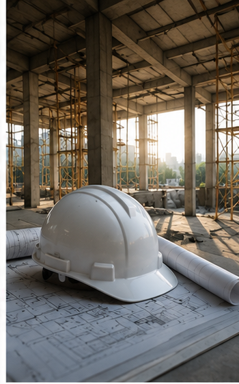 Cappello da costruzione bianco su disegni tecnici in un cantiere