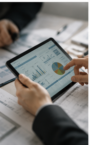 Due persone stanno analizzando un tablet con grafici e dati finanziari, con documenti e penne sul tavolo.