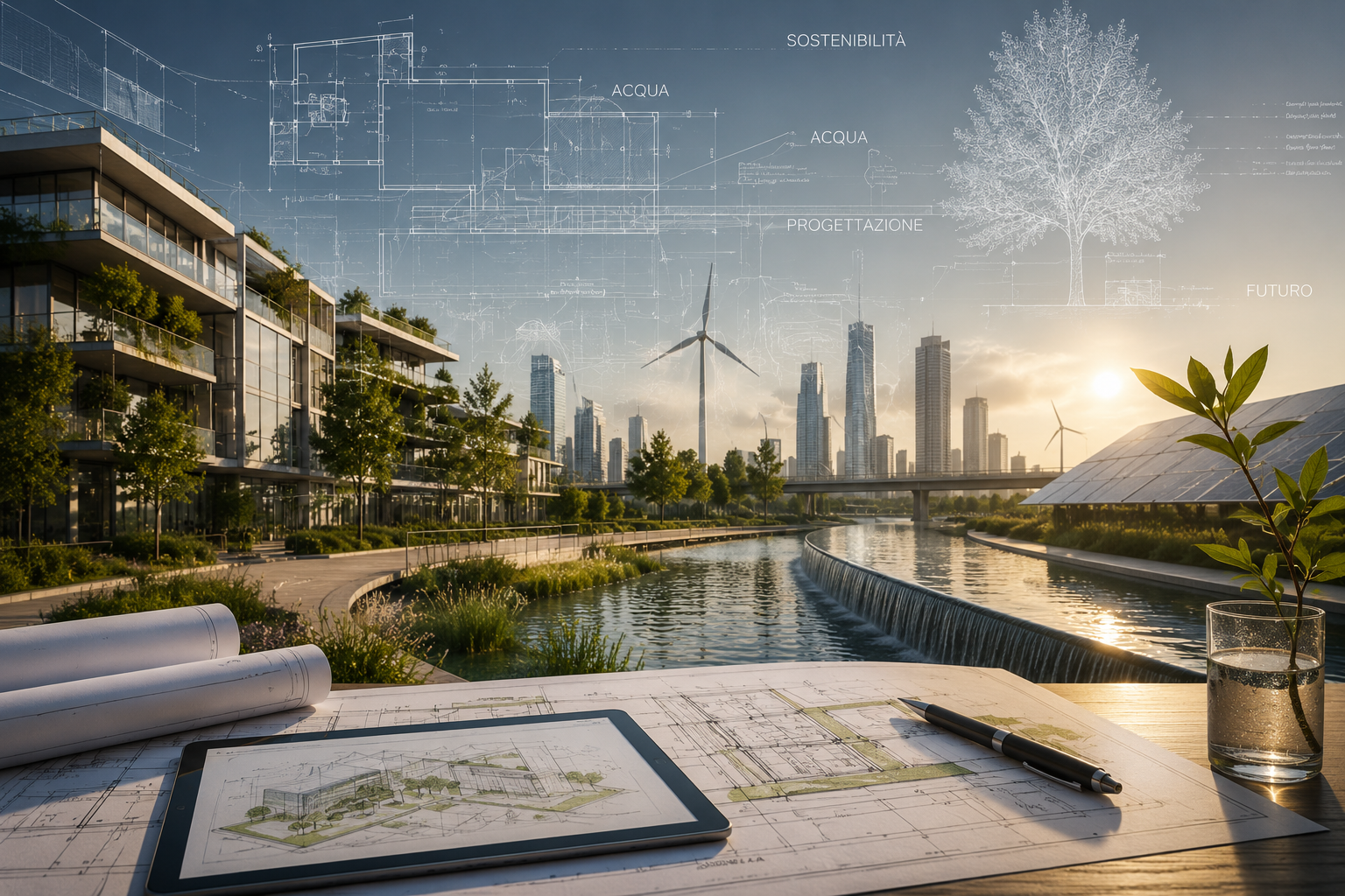 Progetto di architettura con planimetrie, tablet, penna e pianta in primo piano, con vista di una città sostenibile con edifici moderni, un fiume e turbine eoliche al tramonto.