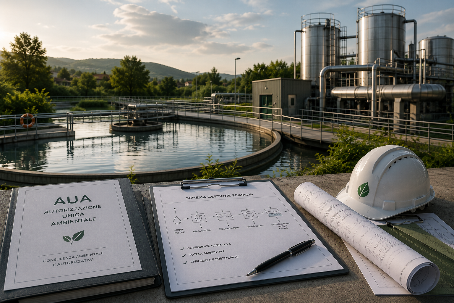 Un sito industriale per il trattamento delle acque con documenti, casco e piani di progetto sul tavolo in primo piano, e serbatoi e tubature in background.