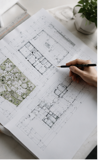 Disegni architettonici e piante su un tavolo con una mano che tiene una matita, una pianta verde e una riga.