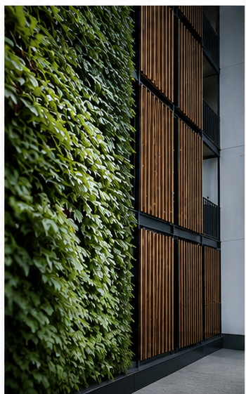 Parete con giardino verticale di foglie verdi e pannelli di legno in un edificio moderno