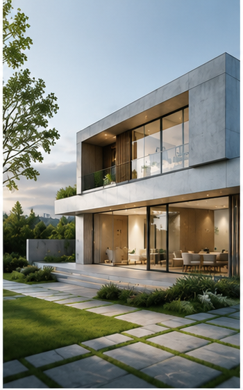 Casa moderna con grandi finestre e balcone, circondata da un giardino verde con vialetti di pietra.
