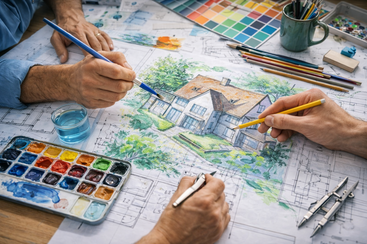 Architetti che dipingono un progetto di casa con acquerelli e strumenti tecnici, inclusi pennelli, righelli, colori e planimetrie