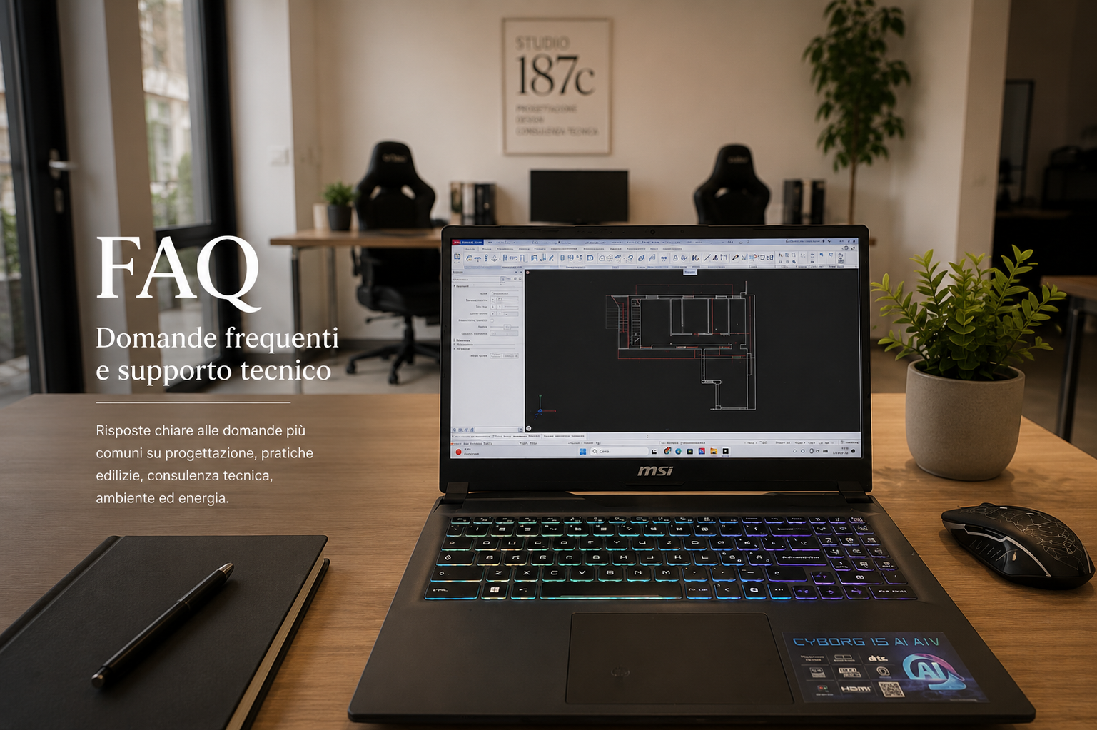 Immagine di un ufficio con una scrivania, in primo piano un laptop aperto che mostra un disegno tecnico al suo schermo, accanto ci sono un quaderno e una penna, e un maschio su un mouse. Sul muro si vede un poster con scritto ''STUDIO 187C'', in una stanza moderna e luminosa con piante e sedie da ufficio.