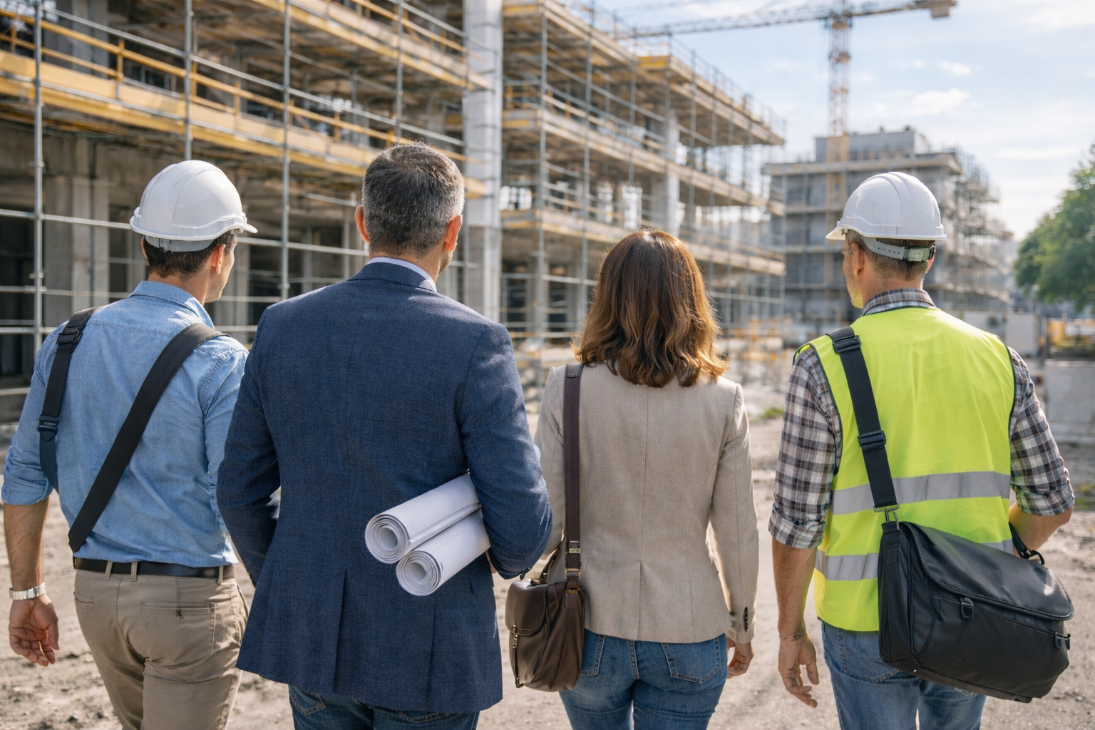 Gruppo di persone, tra cui ingegneri e architetti, che esaminano un cantiere edile con scaffalature in metallo, tutti da dietro.
