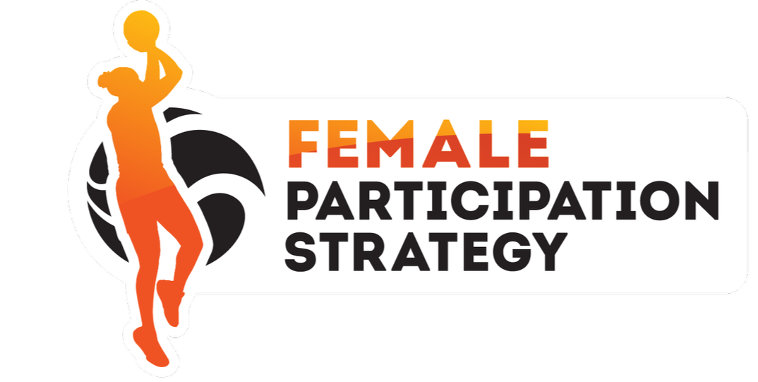 Graphic of a female basketball player silhouette in orange with text 'Female Participation Strategy'.