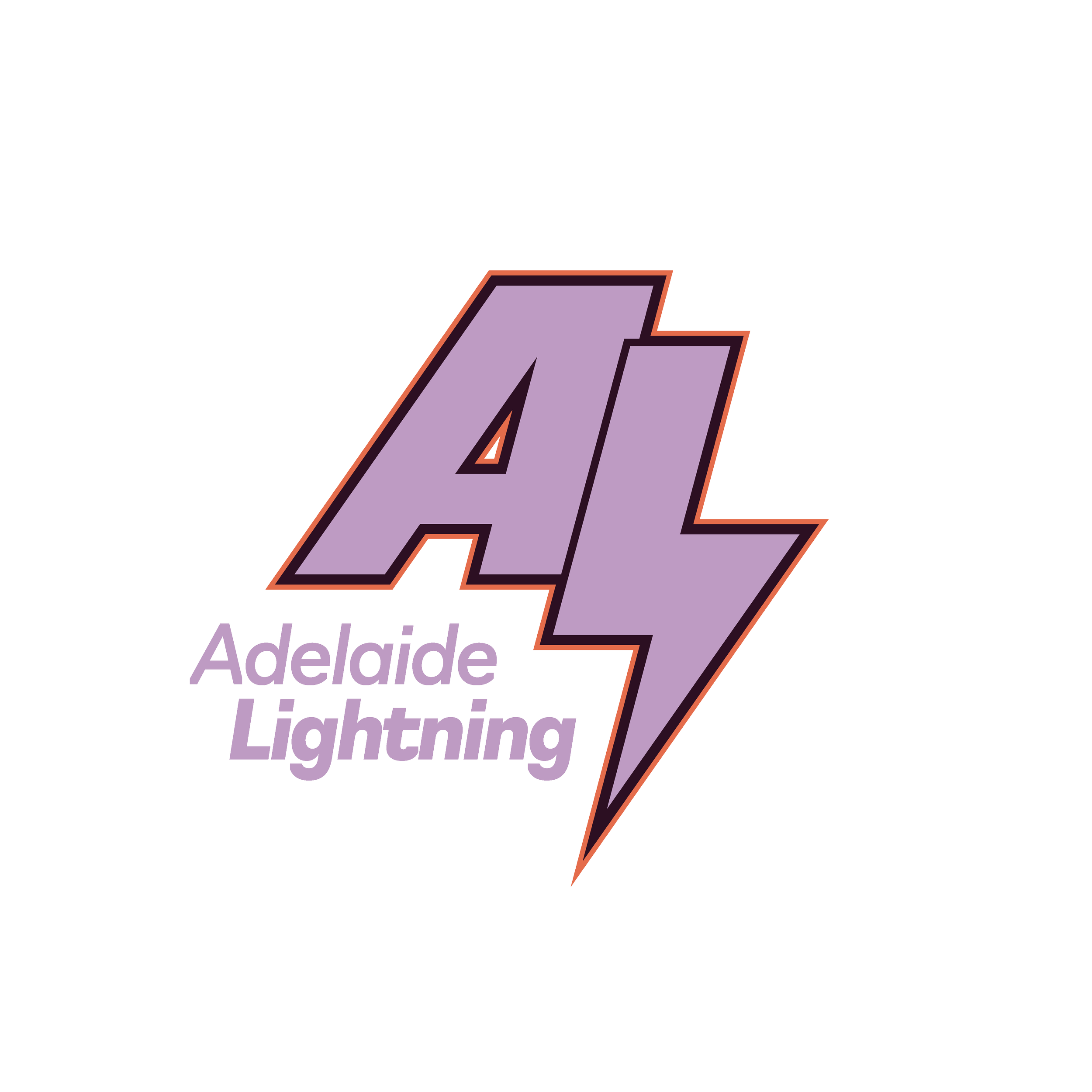 Logo of Adelaide Lightning, a purple lightning bolt with orange and black outlines, with the text 'Adelaide Lightning' underneath on a black background.
