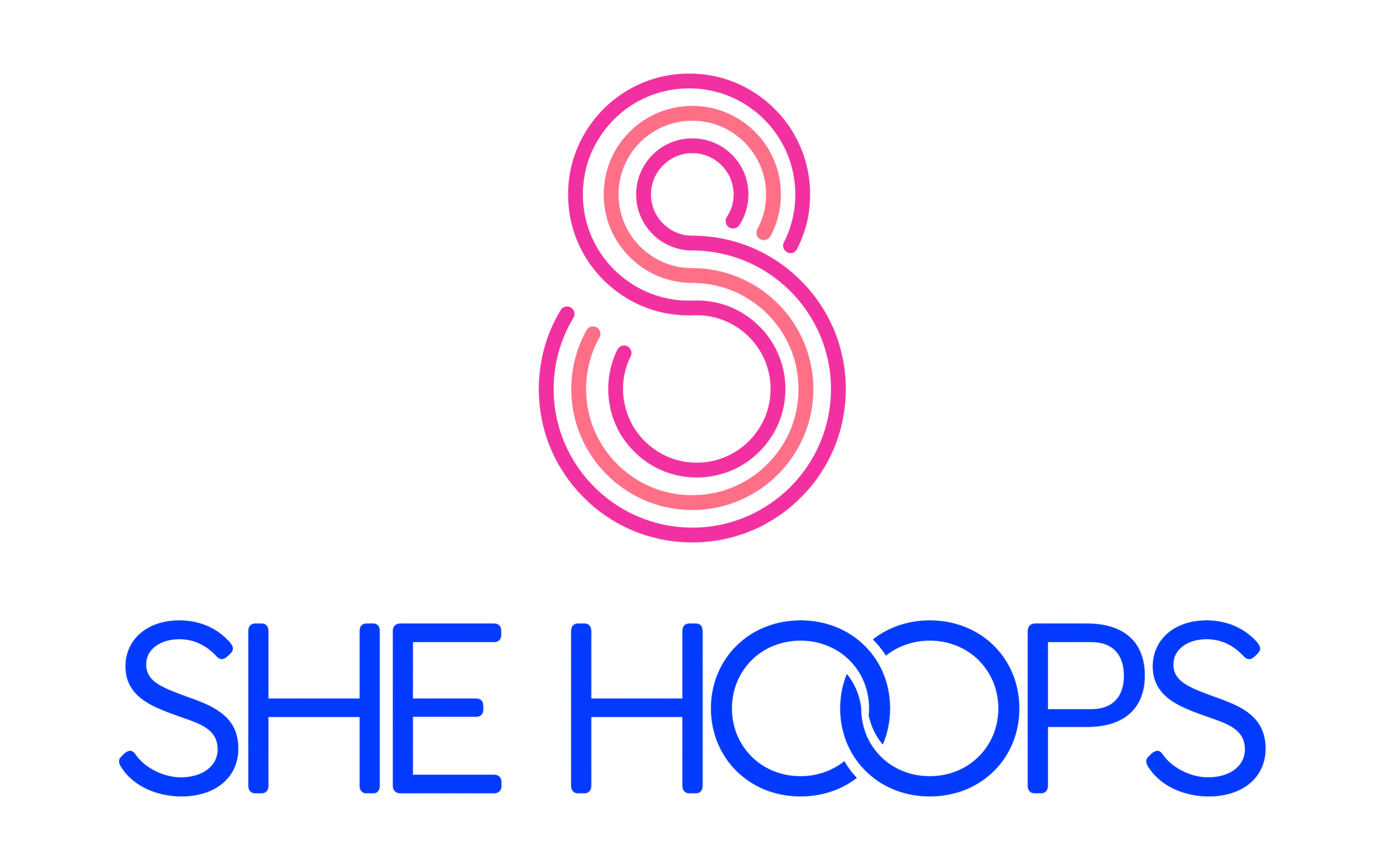 A neon sign with a pink and purple spiral design above the words printed in blue, partially visible, that say 'SHOP'.