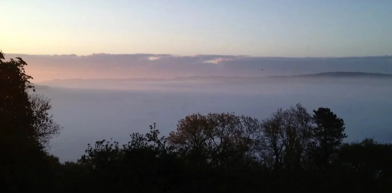 Landscape view of a foggy or cloudy sky with silhouettes of trees in the foreground and layers of hills or mountains in the distance.