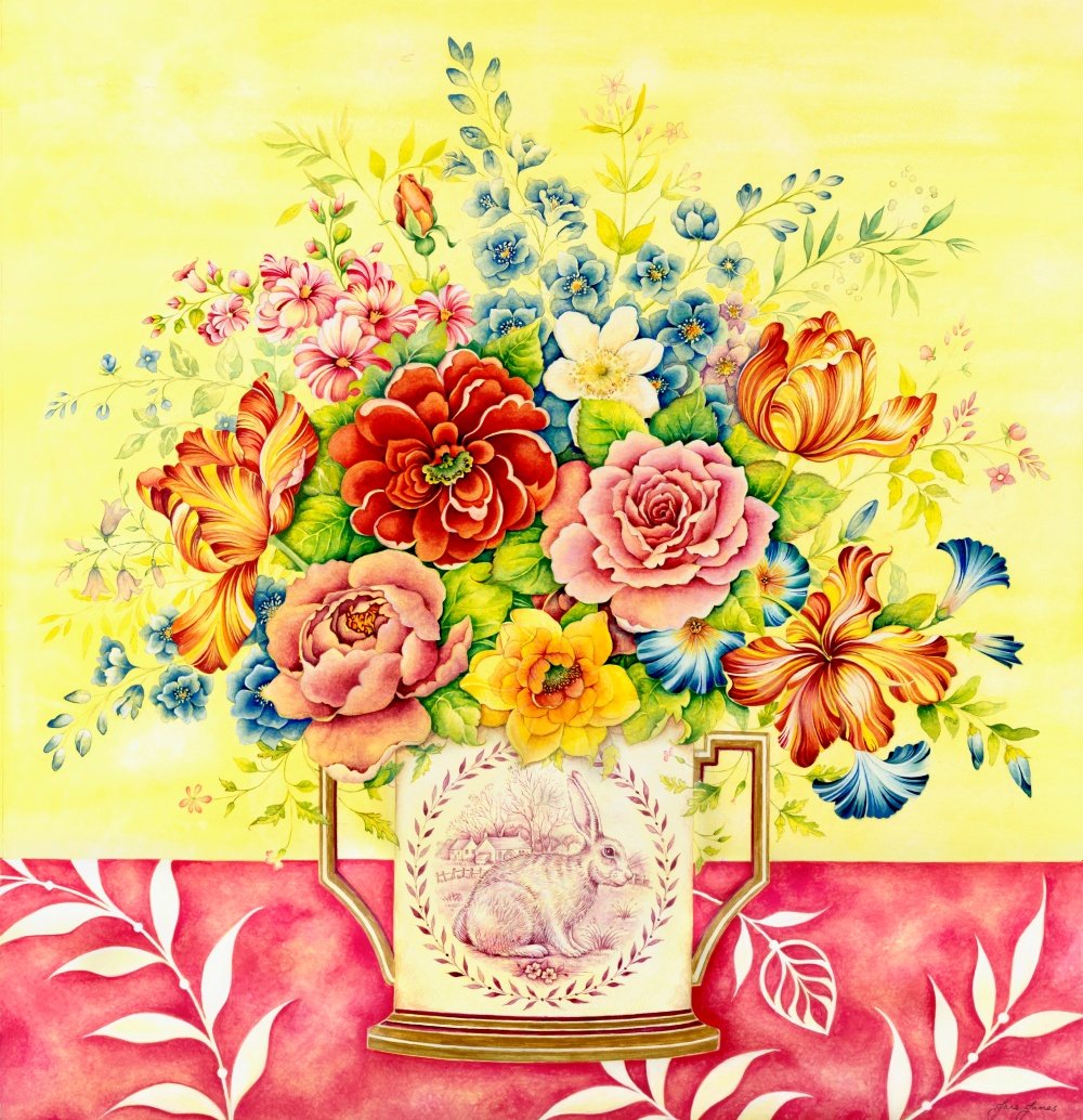Colourful floral arrangement in a decorative vase featuring mixed blossoms and a hare motif on the front.