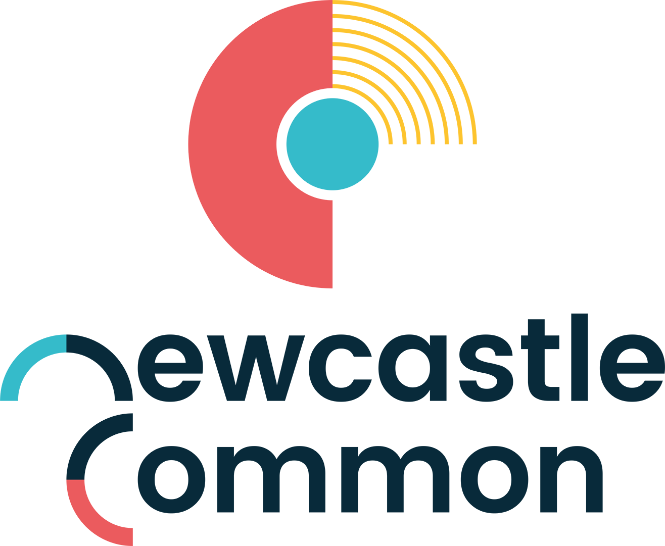 The Newcastle Common logo with an orange semi circle around a blue circle and yellow quarter circle of individual lines and the words newcastle common at the bottom
