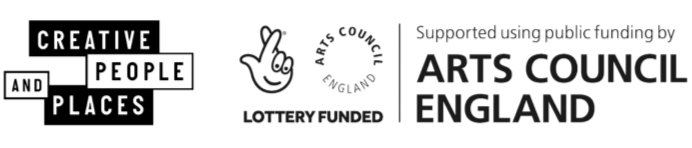 Logo with text indicating support from Arts Council England and lottery funding, along with a hand gesture icon and the words 'Creative People and Places'.