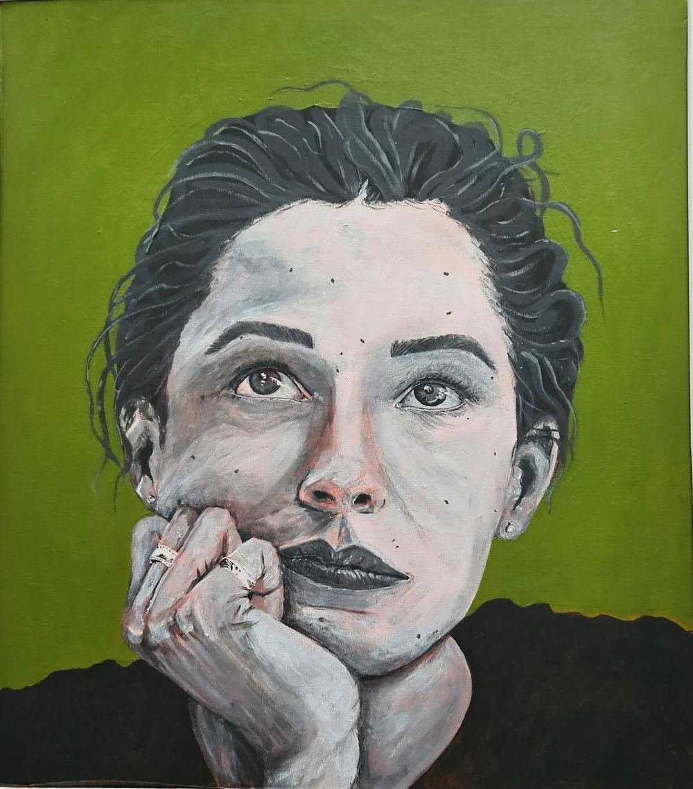 Painted portrait of a female resting their chin on their hand, shown in muted greys against an olive‑green background.