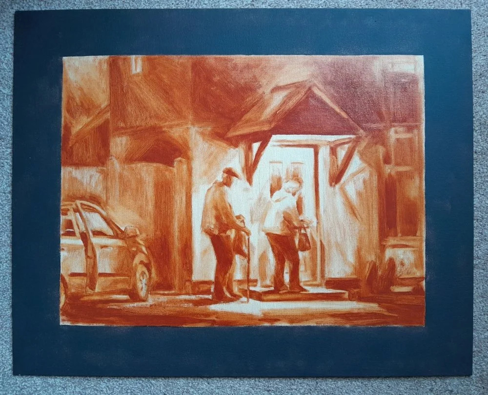 Sepia‑toned painting of two figures standing at a house entrance, with an open car door to the left with light illuminating the entrance to signify late evening.