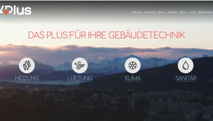 Webseite mit Logo '+plus', Überschrift 'DAS PLUS FÜR IHRE GEBAÜDETECHNIK' und Icons für Heizung, Lüftung, Klima und Sanitär