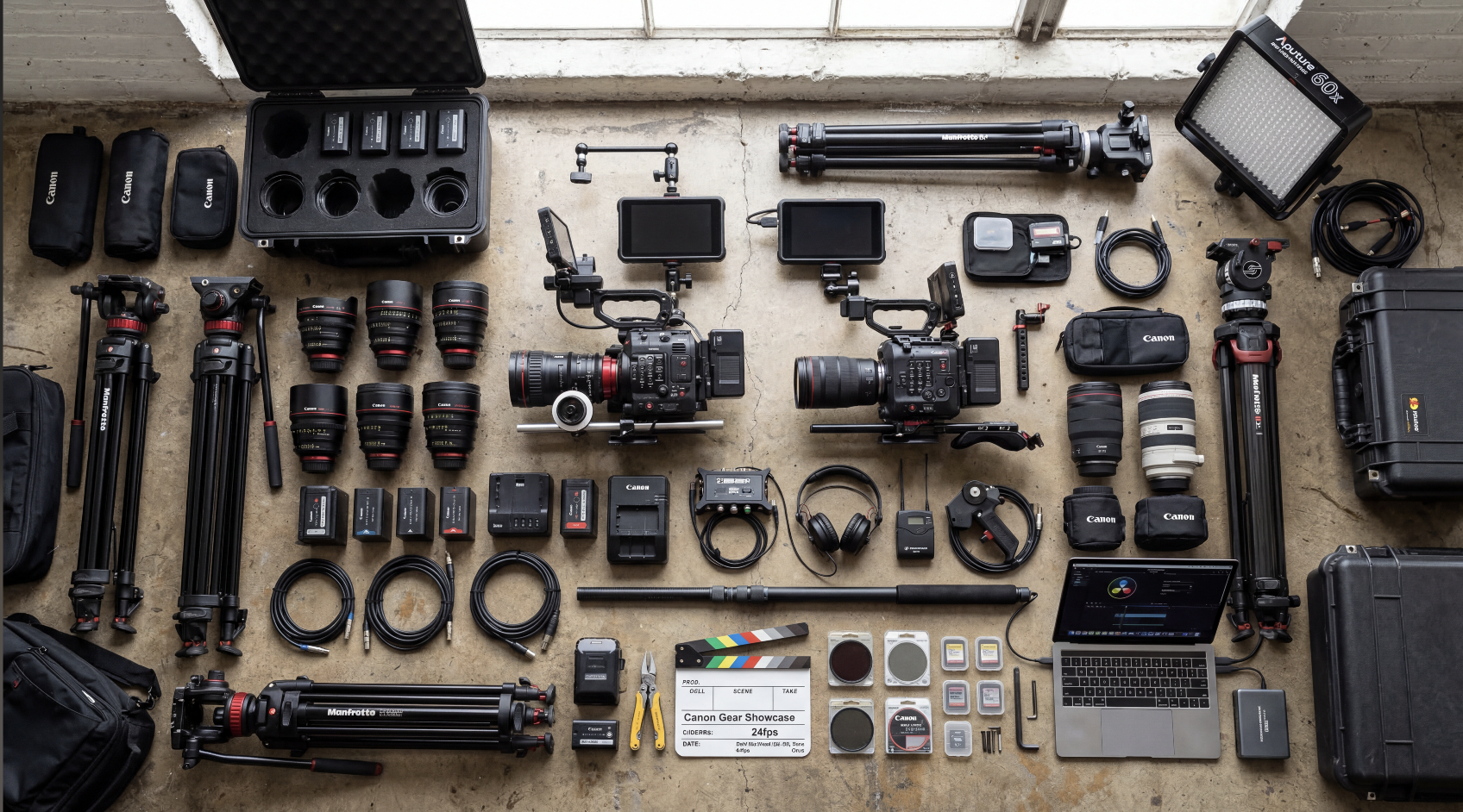 Fotografie einer professionellen Filmausrüstung mit Kameras, Objektiven, Stativen, Lichtern, Batterien, Kabeln, einem Laptop und Zubehör, alles sorgfältig auf einem Boden angeordnet.