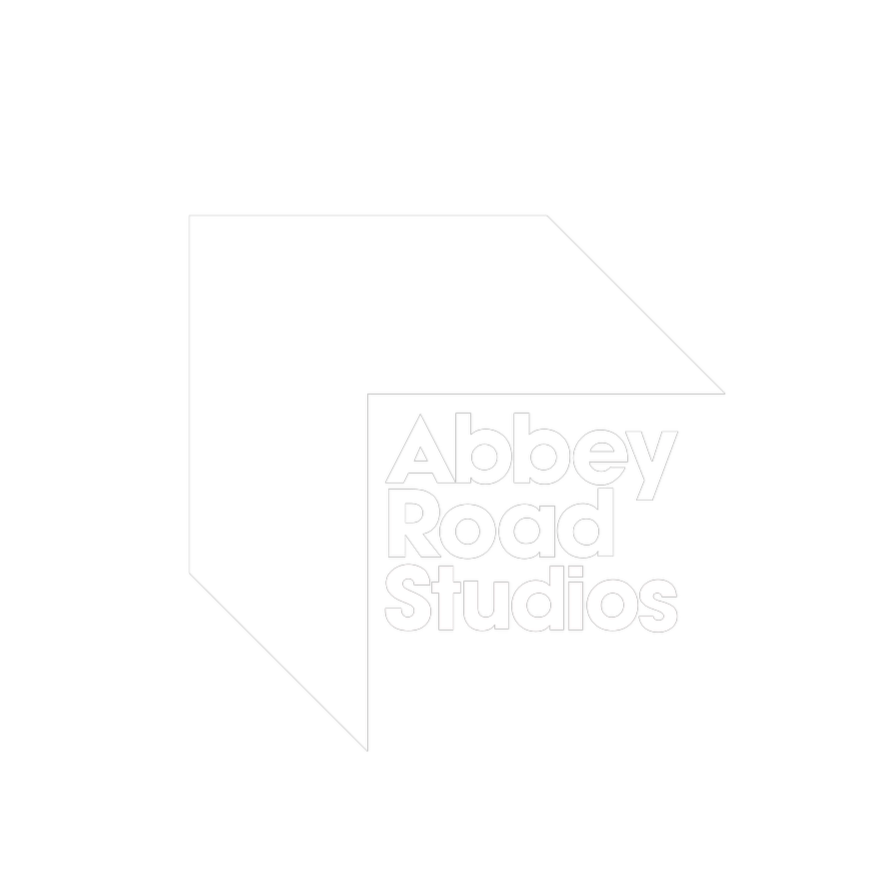 Black background with a white three-dimensional cube and the text 'Abbey Road Studios' inside.
