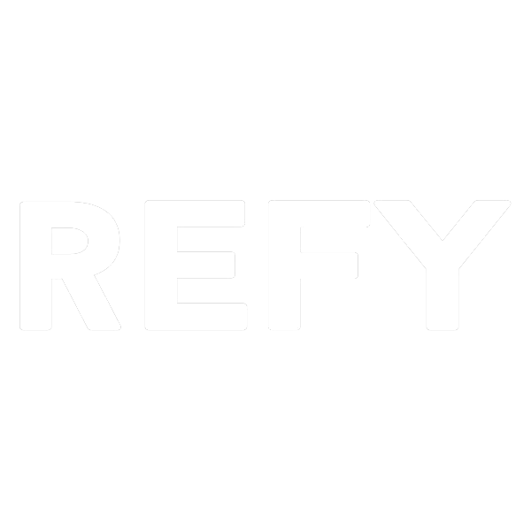 Black background with the word 'REFY' in bold white letters.