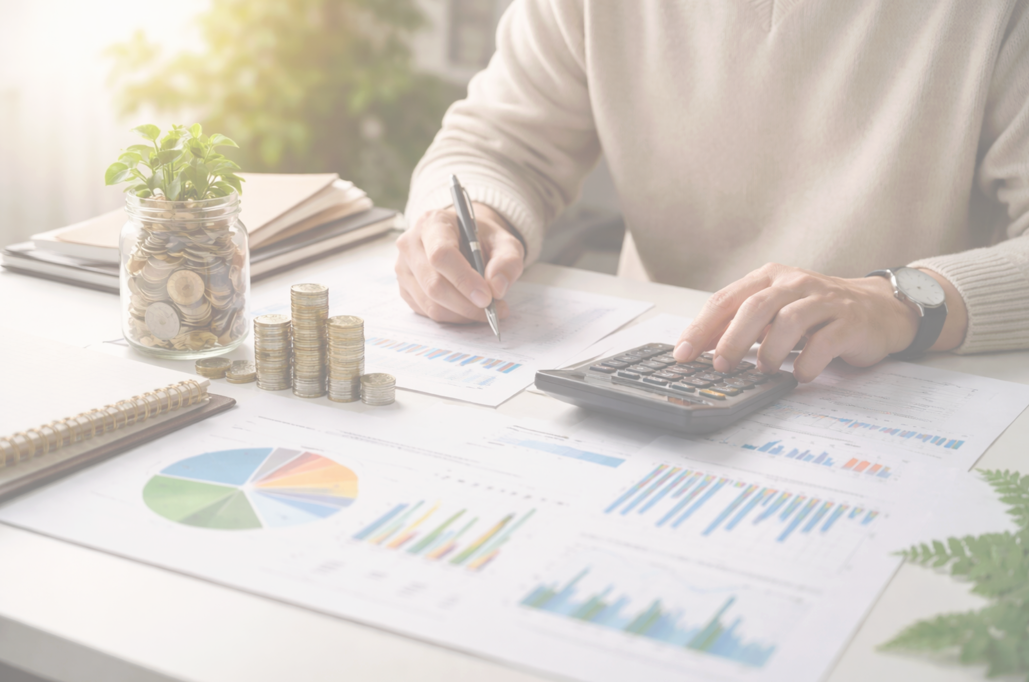 Persona trabajando sobre documentos financieros, con gráficos y estadísticas, usando una calculadora, con un frasco de monedas y dinero apilado, sobre una mesa con una planta en un recipiente de vidrio.