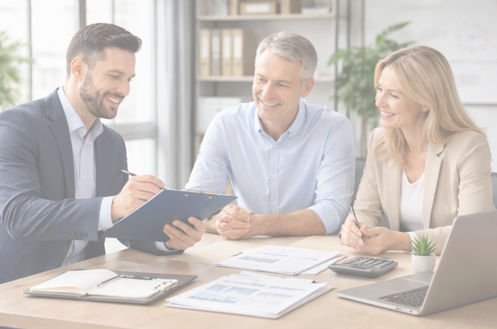 Tres profesionales de oficina, dos hombres y una mujer, revisan documentos y gráficos en una mesa de trabajo en un ambiente de oficina moderna y luminosa.