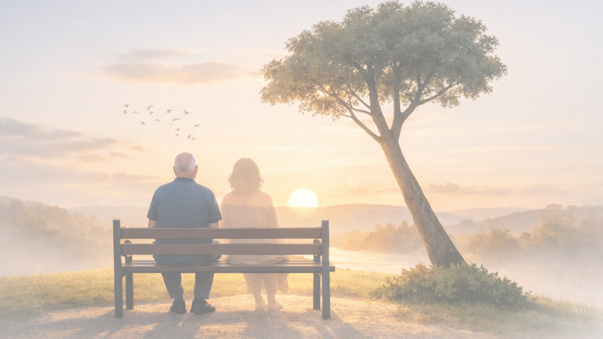 Una pareja mayor sentada en un banco mirando el atardecer en un paisaje natural con un árbol y un grupo de aves volando en el cielo.