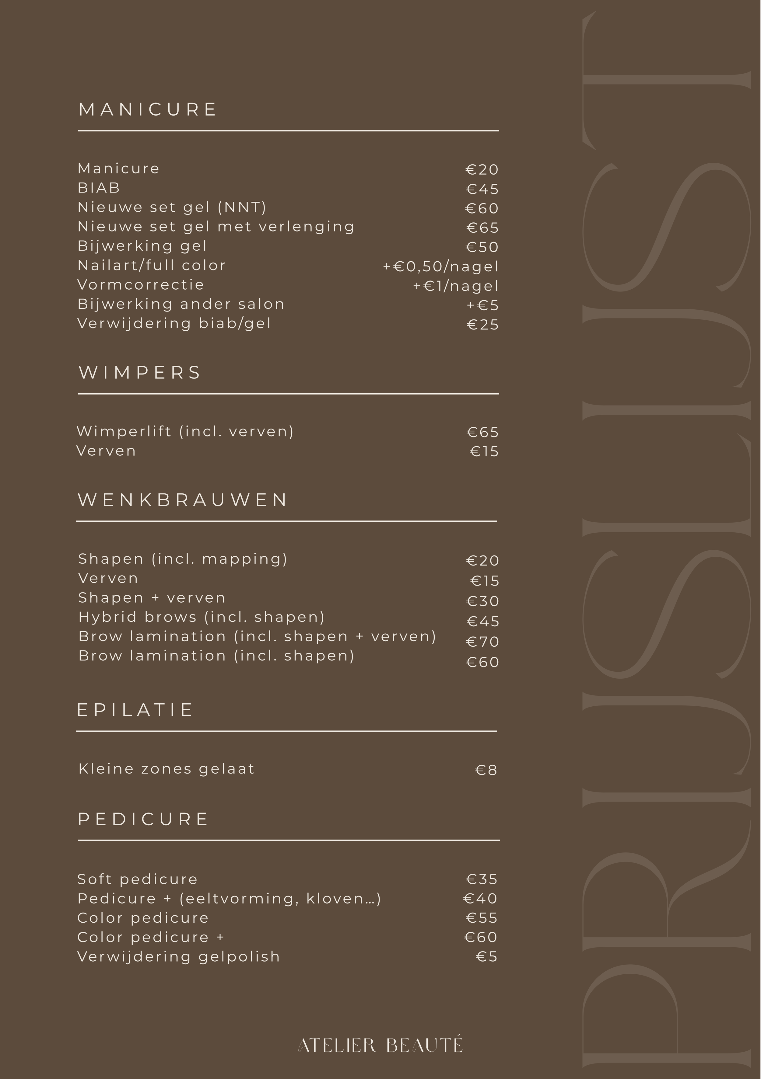 Beauty salon menu listing services and prices, including manicure, wimper lift, brow treatments, epilation, and pedicure on a dark background.