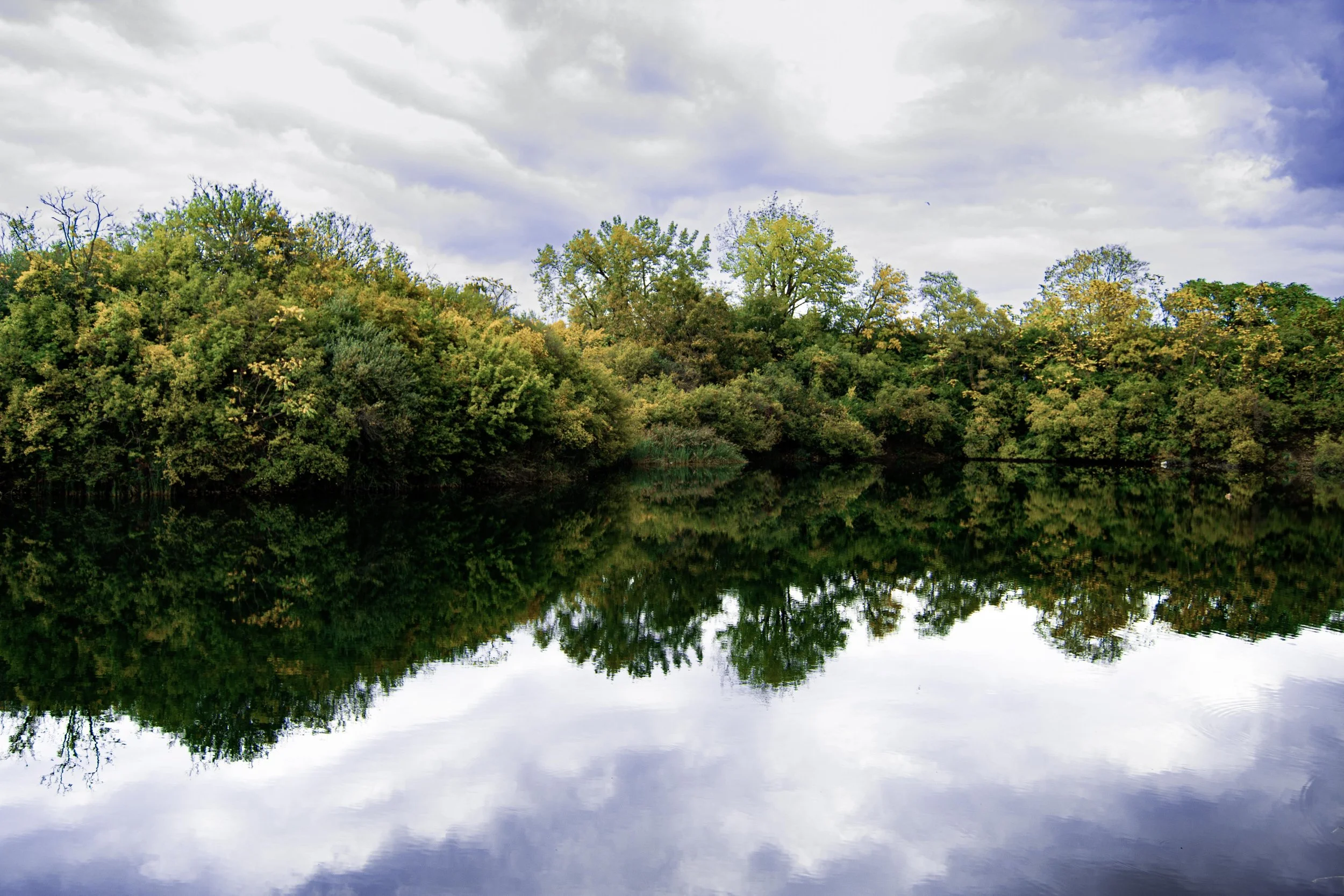 Vibrant foliage reflects onto a pond on Sept. 28, 2024.
