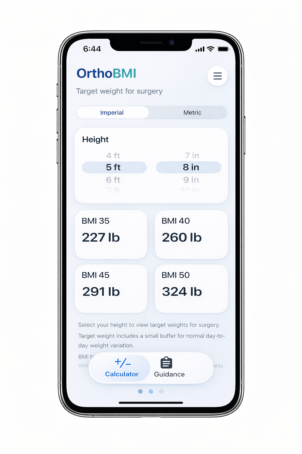 A smartphone screen displaying the Orthobmi app with options for selecting height and viewing target weights for different BMI levels.