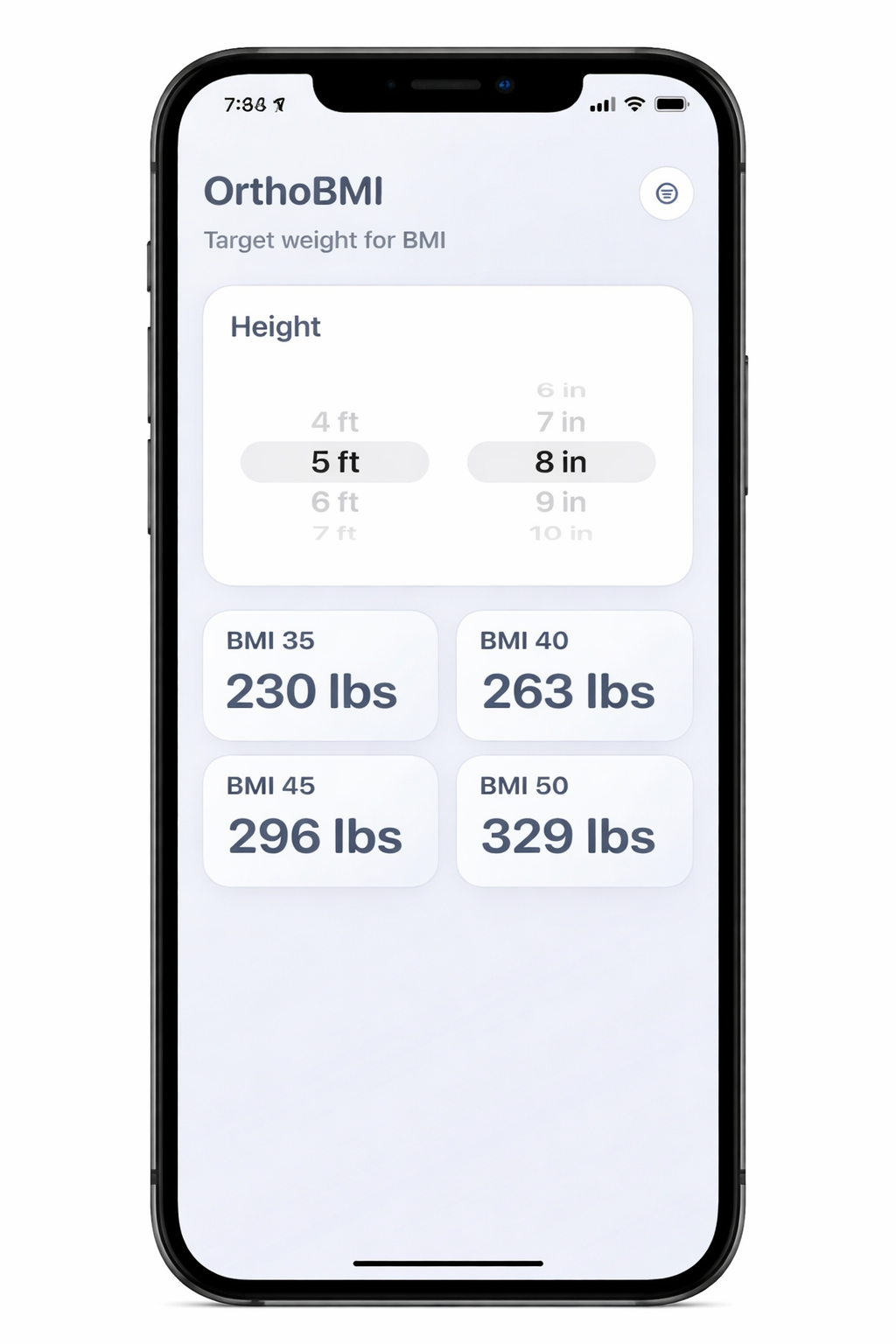 OrthoBMI app calculating target weight goals for joint replacement surgery based on BMI thresholds.