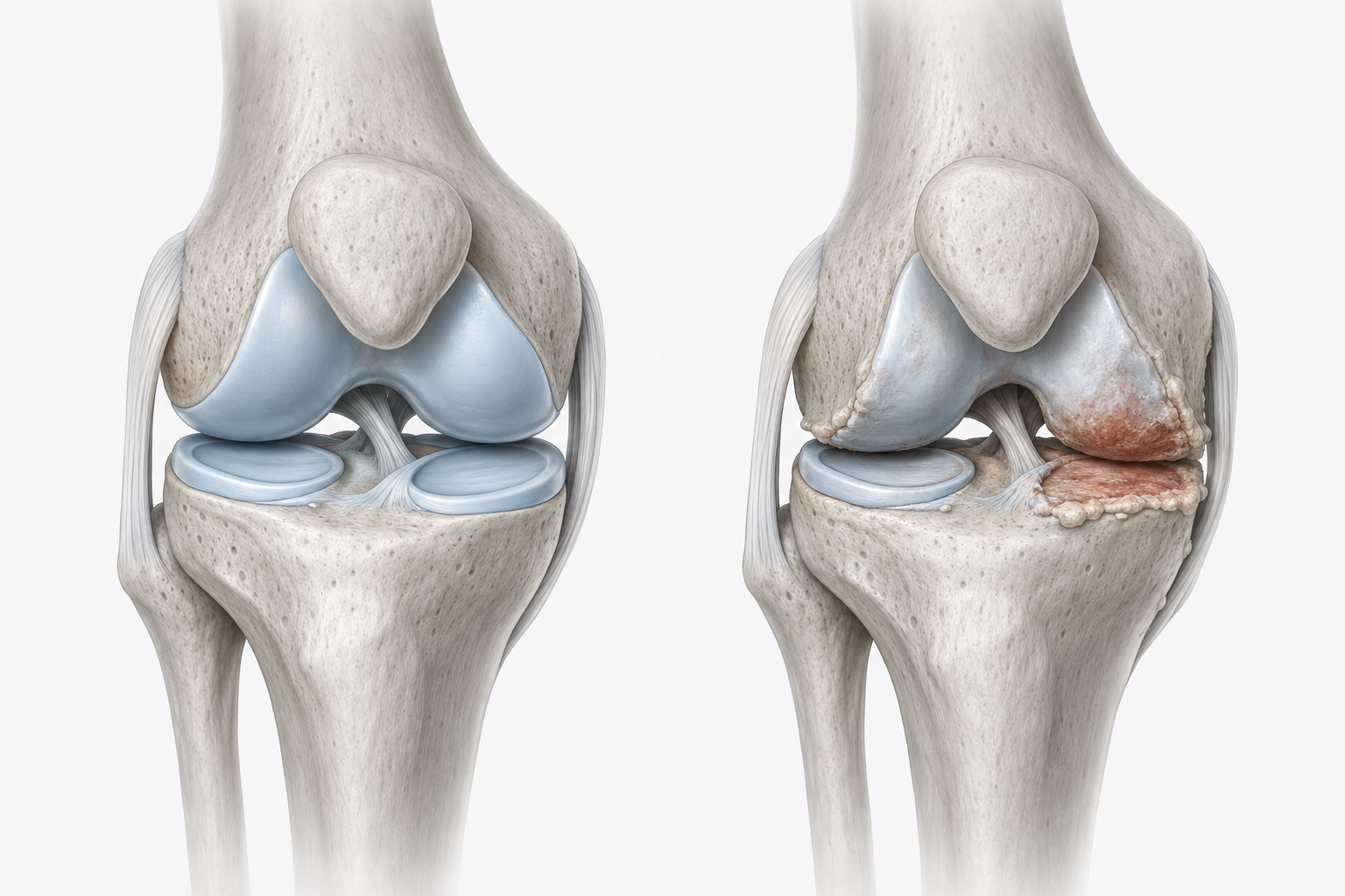 Medical illustration comparing a healthy knee on the left with advanced medial-compartment osteoarthritis on the right.
