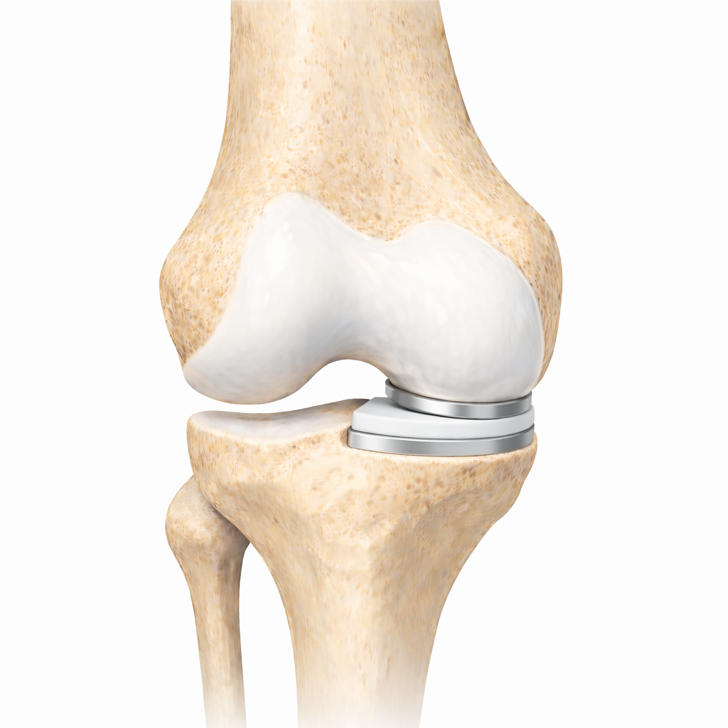 Medical illustration of a partial knee replacement implant used to restore joint function.