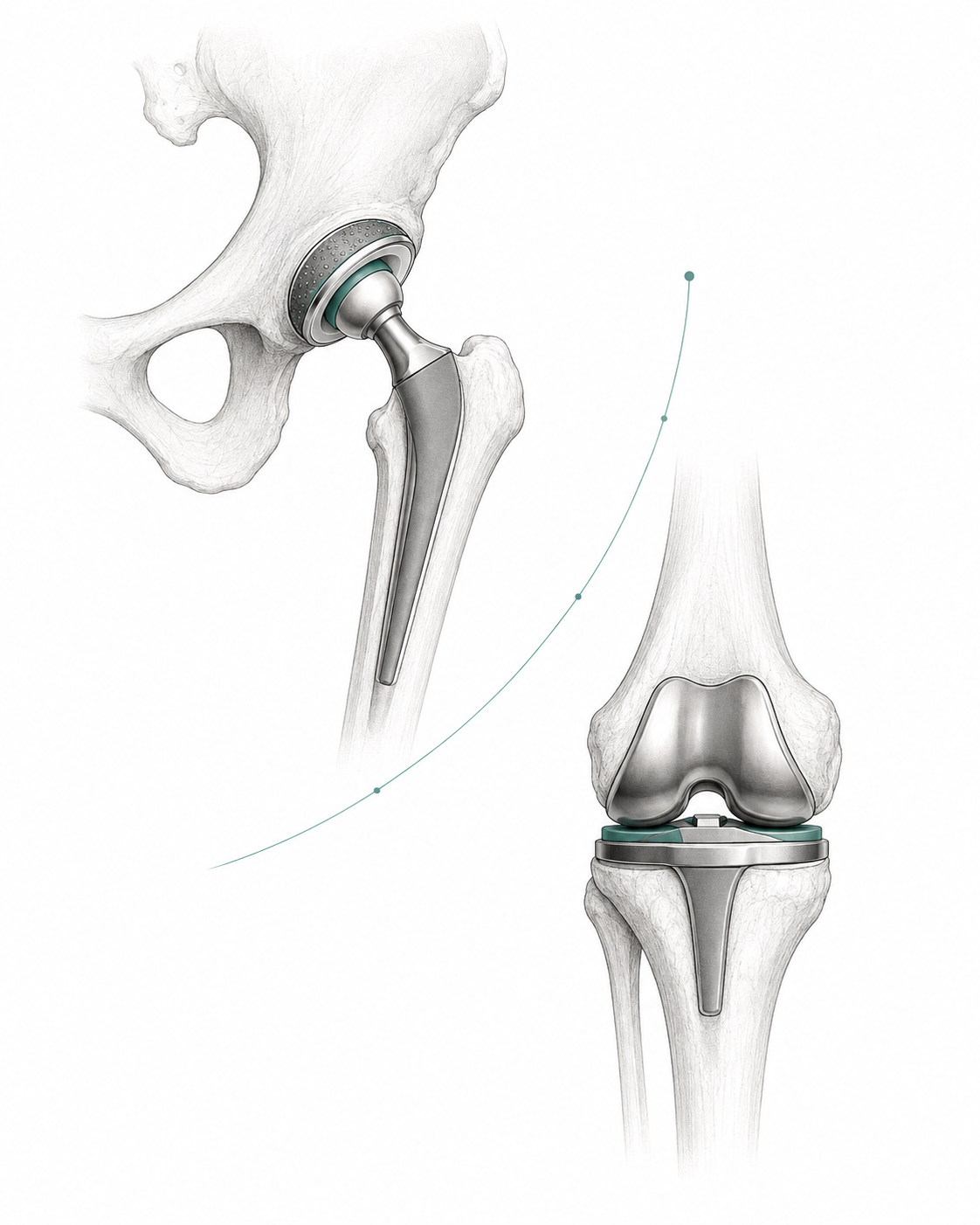 Illustration of total hip and total knee replacement implants representing measured joint replacement outcomes.