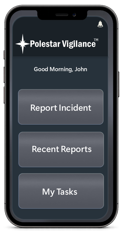 Mobile app screen showing Polestar Vigilance interface with options to Report Incident, Recent Reports, and My Tasks, greeting John with Good Morning.