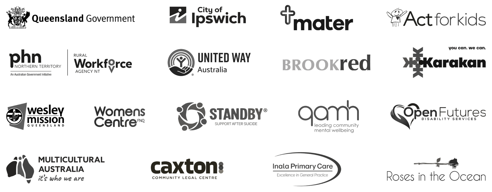 A graphic layout with multiple logos and text relating to various organizations and community services in a black and white color scheme.