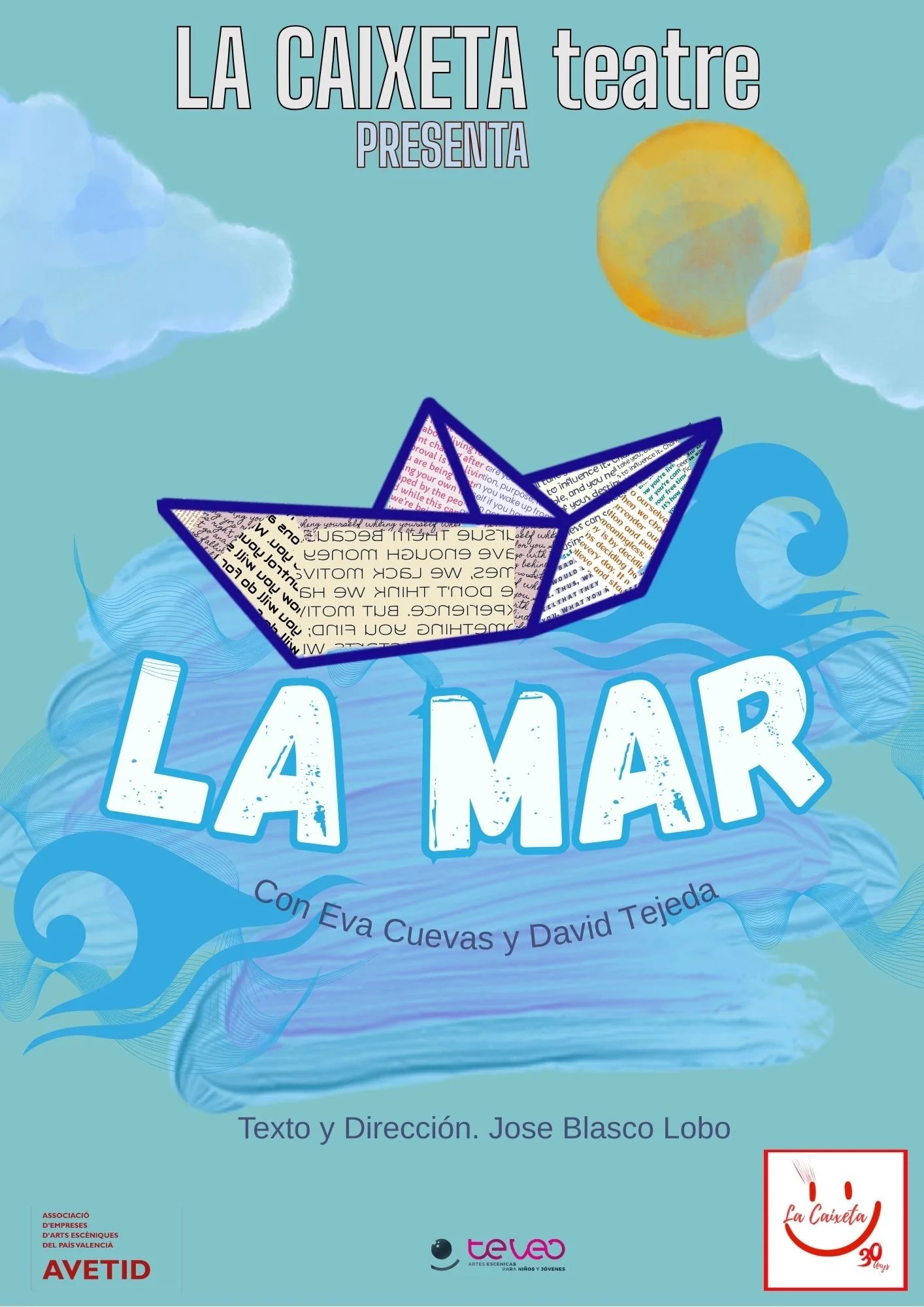 Cartel de teatro infantil con un barco de papel, sobre olas del mar. El fondo azul muestra nubes, un sol y olas.