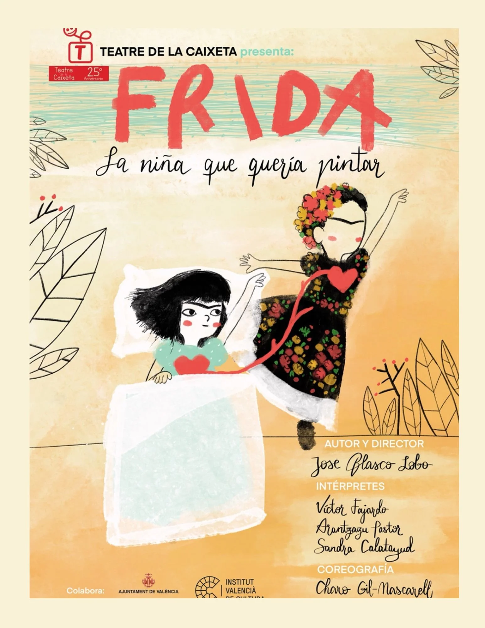 Cartel de obra de teatro titulado «Frida, la niña que quería pintar», con una ilustración de una niña en una cama y una mujer con flores en el cabello. Incluye detalles del elenco y colaboradores.