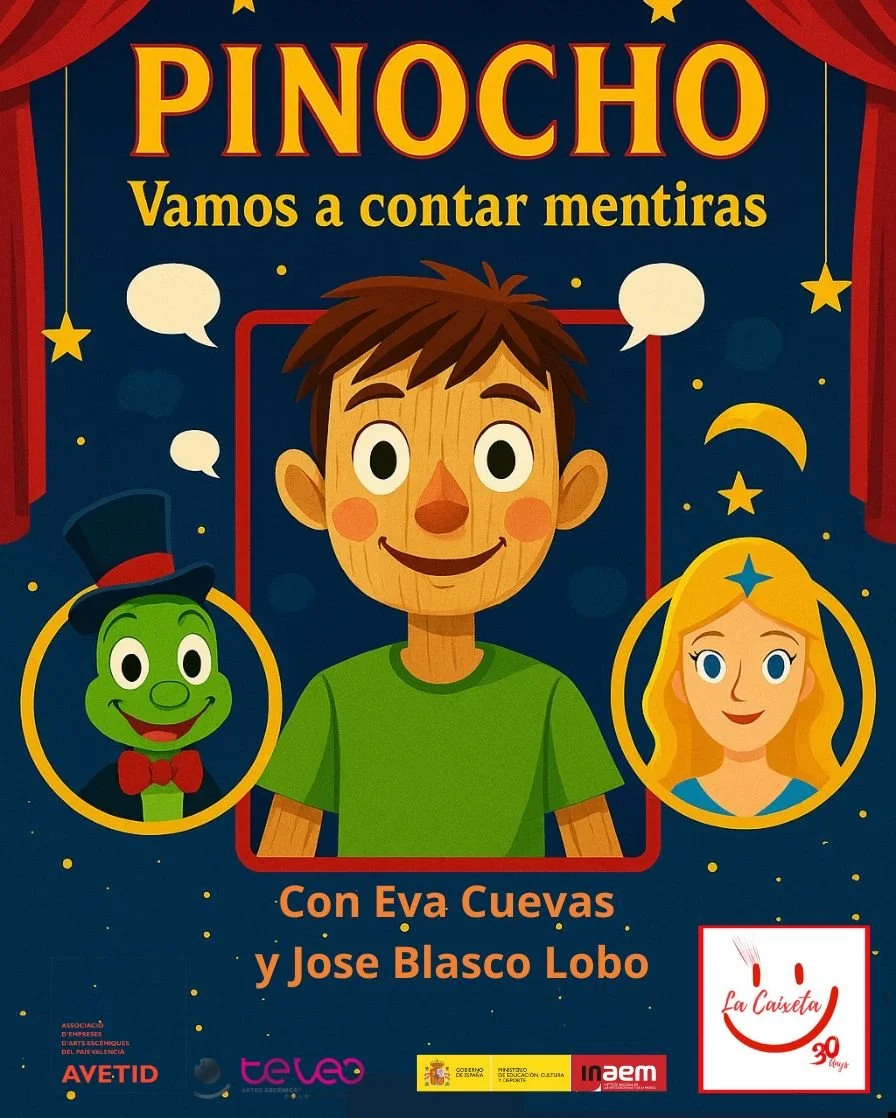Cartel del espectáculo infantil de títeres titulado 'Pinocho', que invita a contar mentiras. Presenta a Pinocho, a una marioneta de madera con cara sonriente, acompañado de un personaje con cara de payaso y otra mujer. Incluye información de los colaboradores y patrocinadores.