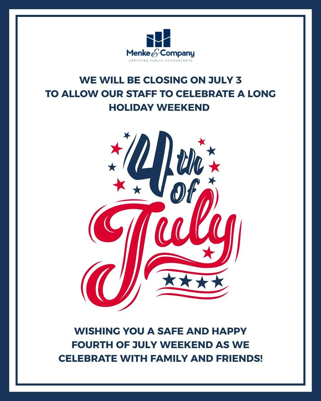 Holiday Office Closure

Our office will be closed on Friday, July 3, to give our team an extended weekend to celebrate Independence Day with their family and friends.

We hope everyone has a safe, relaxing, and enjoyable holiday weekend. We look forw