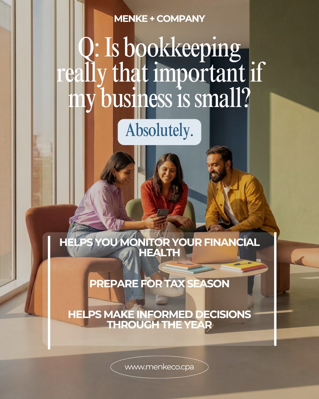 Strong bookkeeping isn't just about taxes&mdash;it's about knowing where your business stands every day.

We're here to help you stay organized all year long.