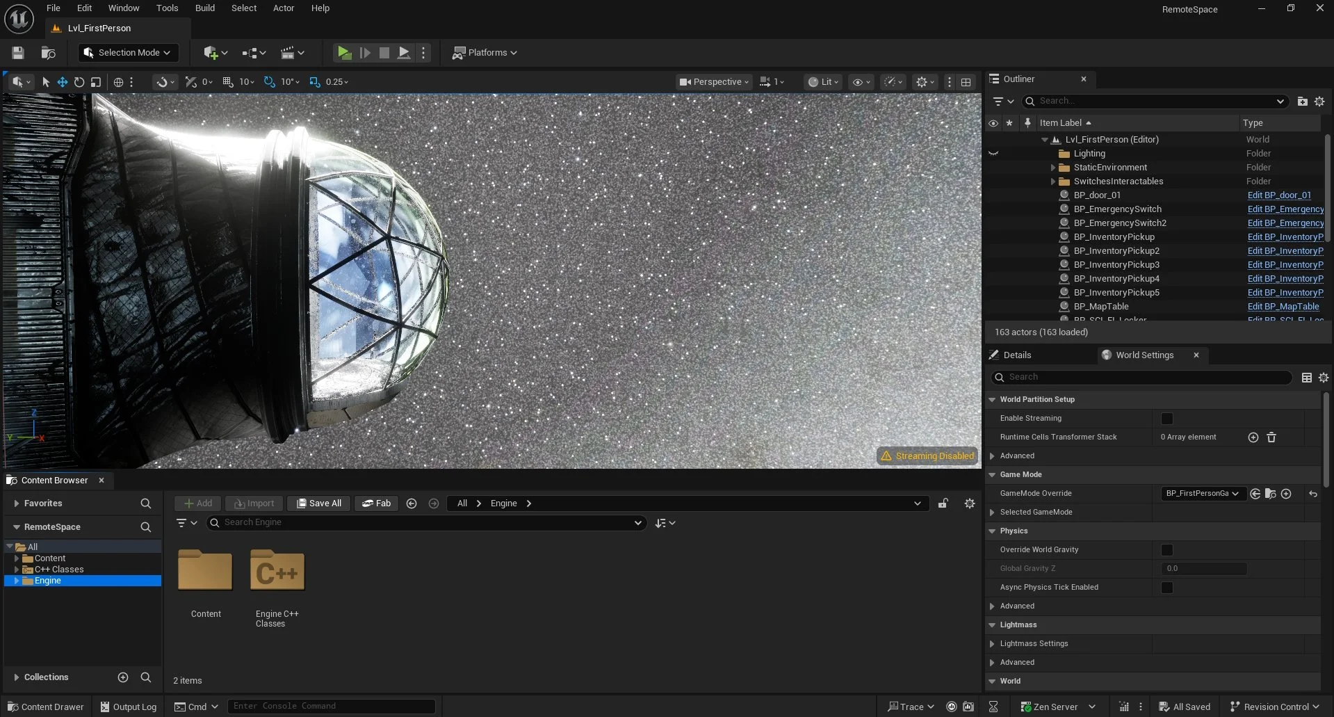 Screenshot from Unreal Engine interface displaying a space station or observation tower with a domed glass structure against a starry sky background.