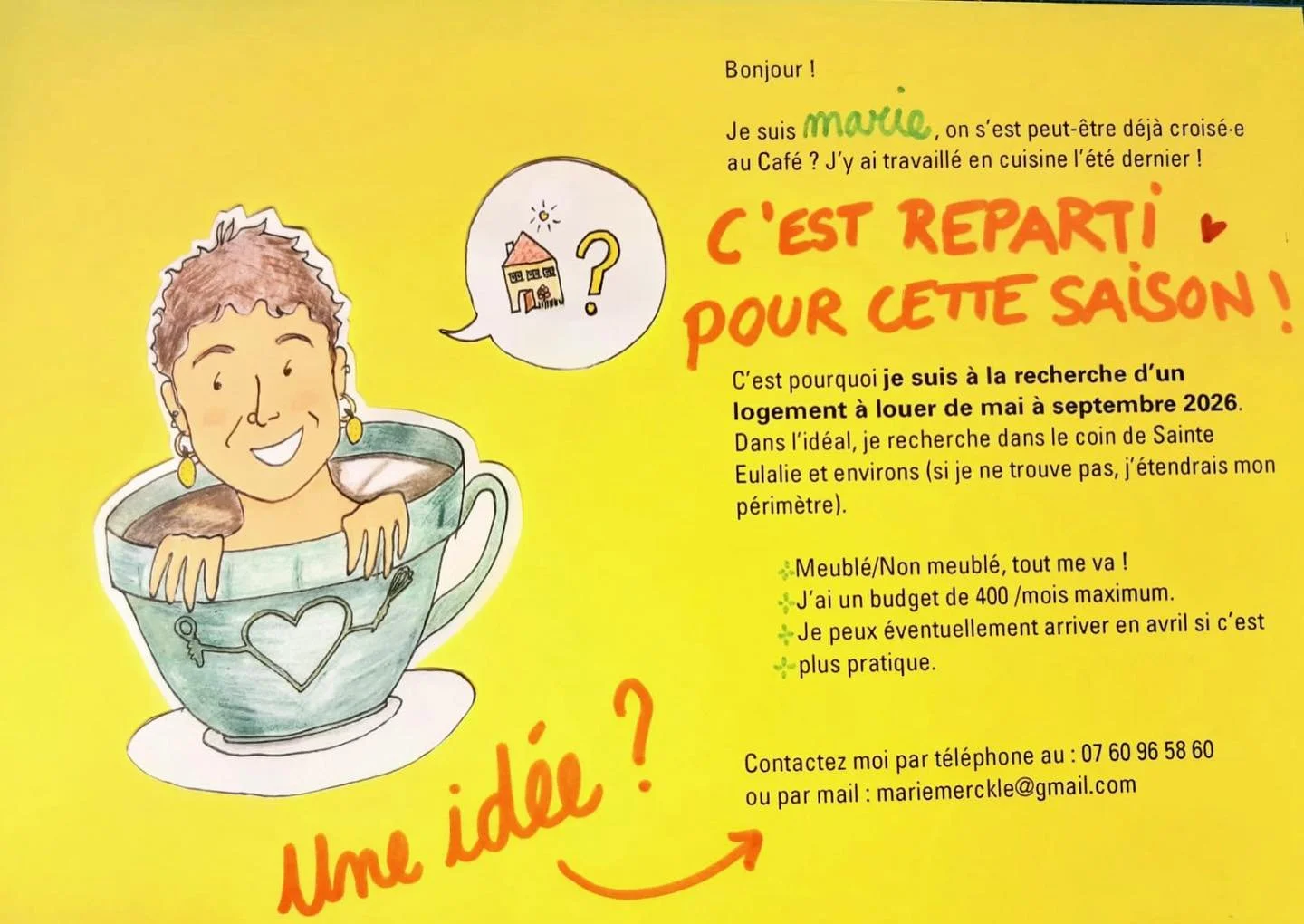 Excellentes nouvelles ! Marie revient pour sa deuxi&egrave;me saison au caf&eacute; pour vous r&eacute;galer 💛☀️
Elle recherche un logement &agrave; proximit&eacute; et aurait besoin d&rsquo;un petit coup de pouce. Si vous avez des pistes n&rsquo;h&