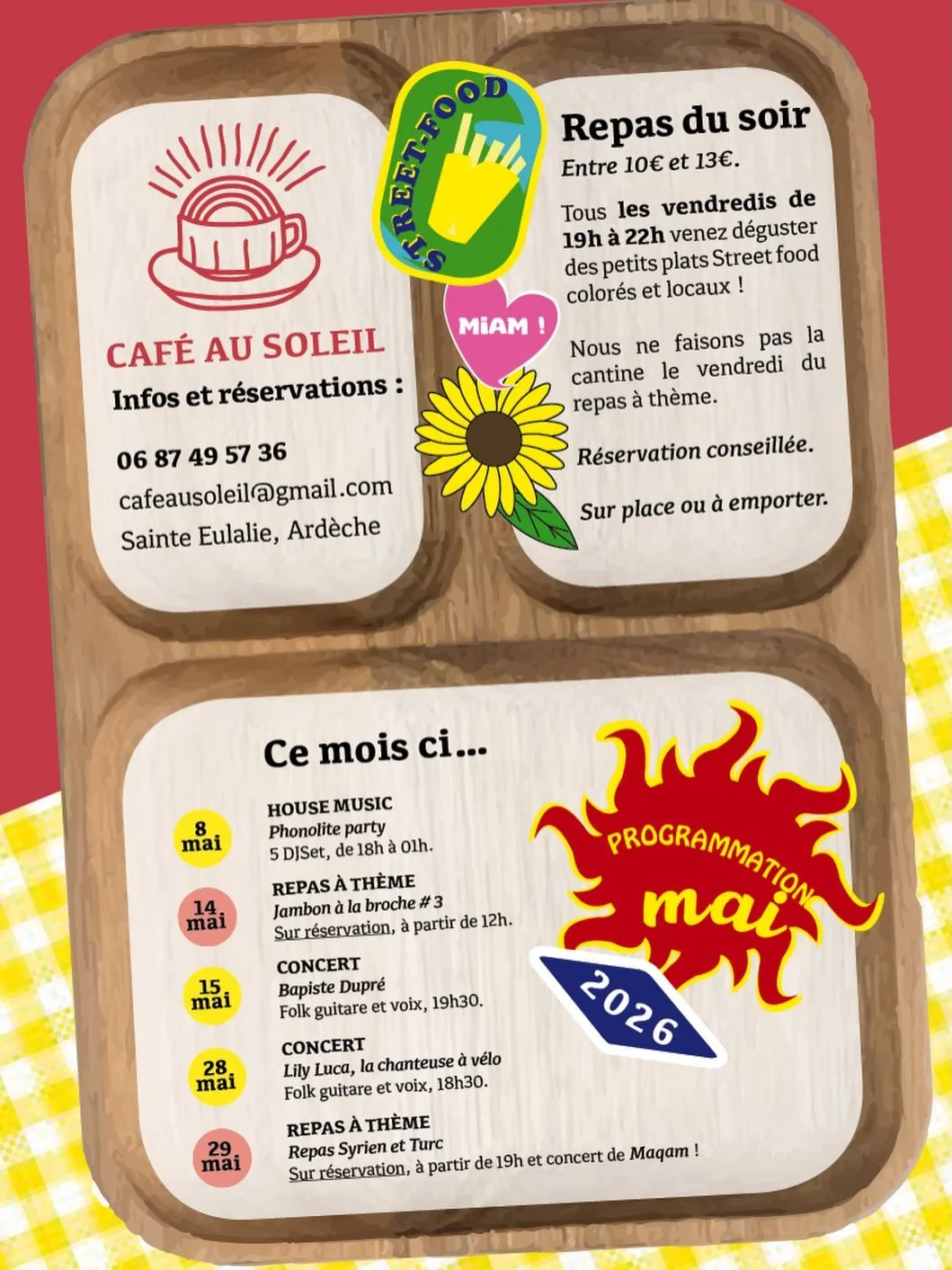 Nous vous d&eacute;voilons le programme ! 🌻

Une programmation sur un plateau de cantine pour vous pr&eacute;senter notre concept de cantoche chaque vendredi soir, avec des animations pr&eacute;vues pour le mois de mai. 

Profitez du street food ins